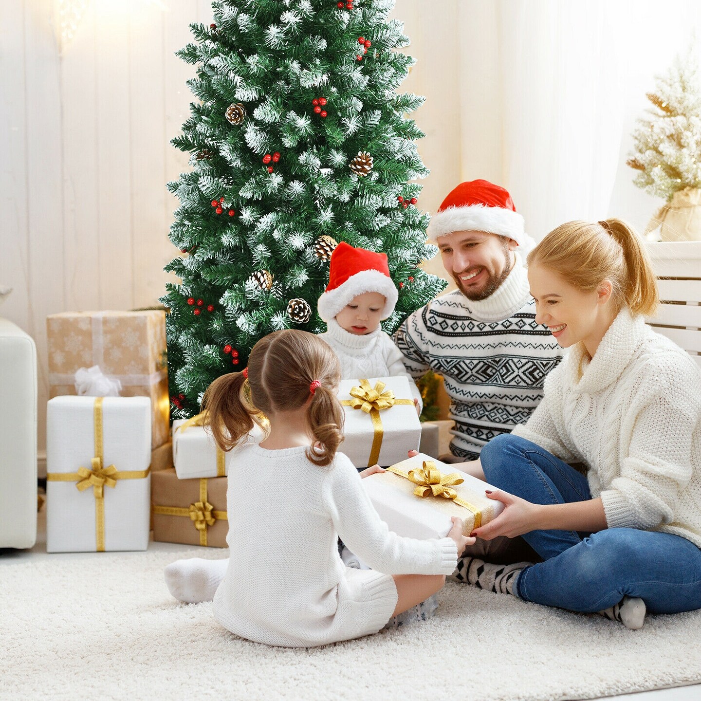 Pre-lit Artificial Pencil Christmas Tree with Pine Cones and Red Berries