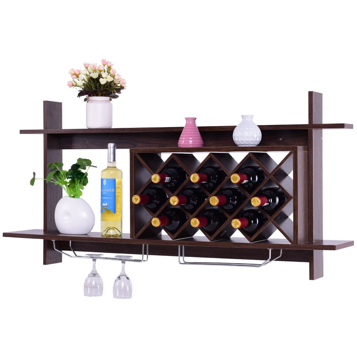 Wall Mounted Wine Rack Walnut MDF Stainless Steel 10 Bottle Storage With Glass Holder Space Saving Kitchen Bar Wine Organizer Shelf