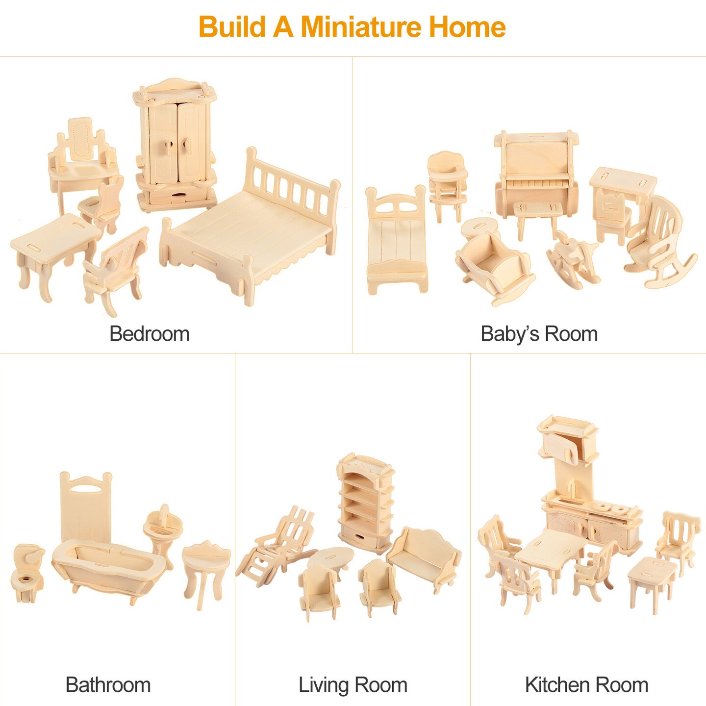 DIY Miniature Furniture Models Set | 3D Wooden Dollhouse Furniture Puzzles