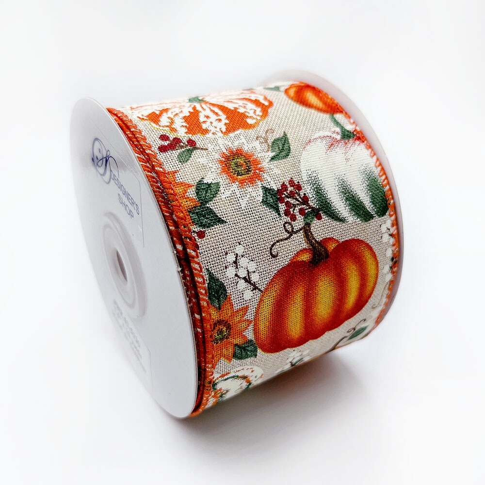 Designer&#x27;s Shop Holiday Autumn Pumpkins wired edge ribbon, WR 63-5130