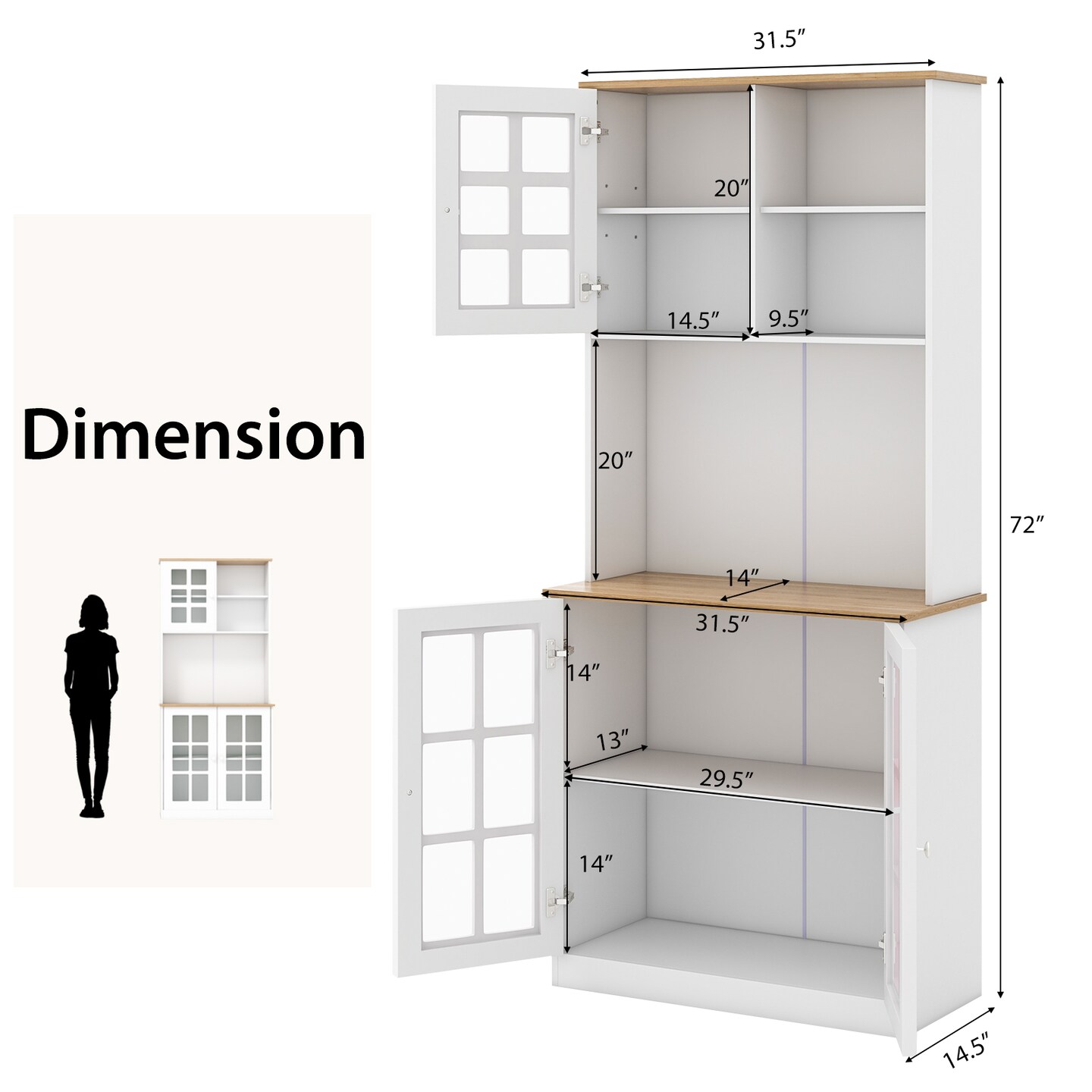 Freestanding Pantry Cabinet with Hutch and Adjustable Shelf