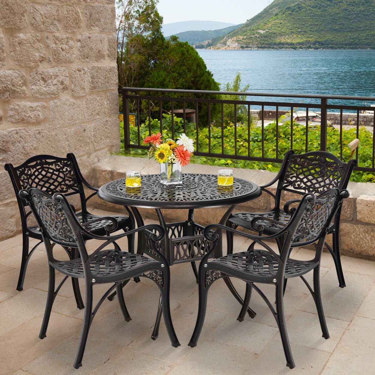 Gymax 5PCS Cast Aluminum Patio Bistro Set Outdoor Dining Table