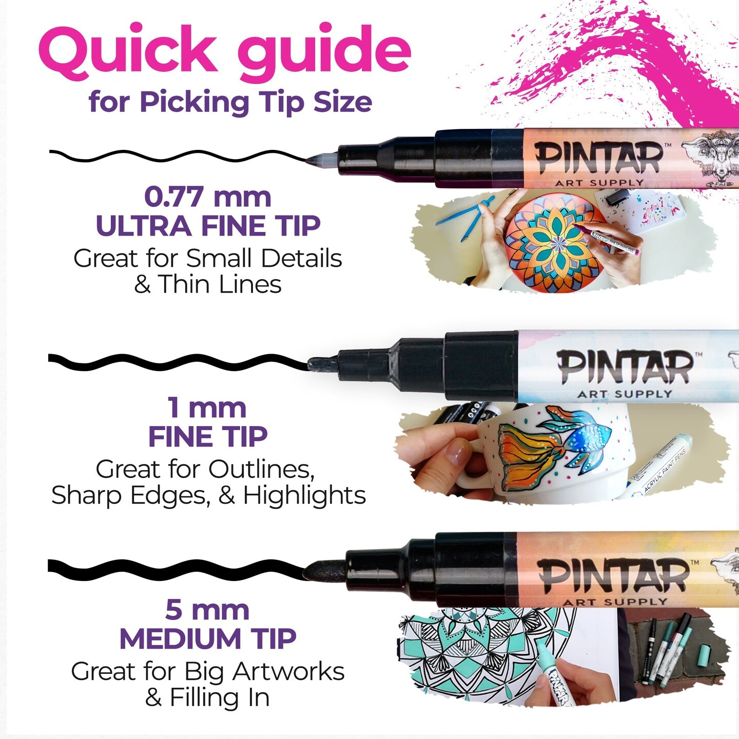 PINTAR Premium Acrylic Paint Pens - 1mm Fine Tip Pens For Rock Painting, Ceramic Glass, Wood, Paper, Fabric &#x26; Porcelain, Water Resistant Paint Set, Surface Pen, Craft Supplies, DIY Project (16 colors)