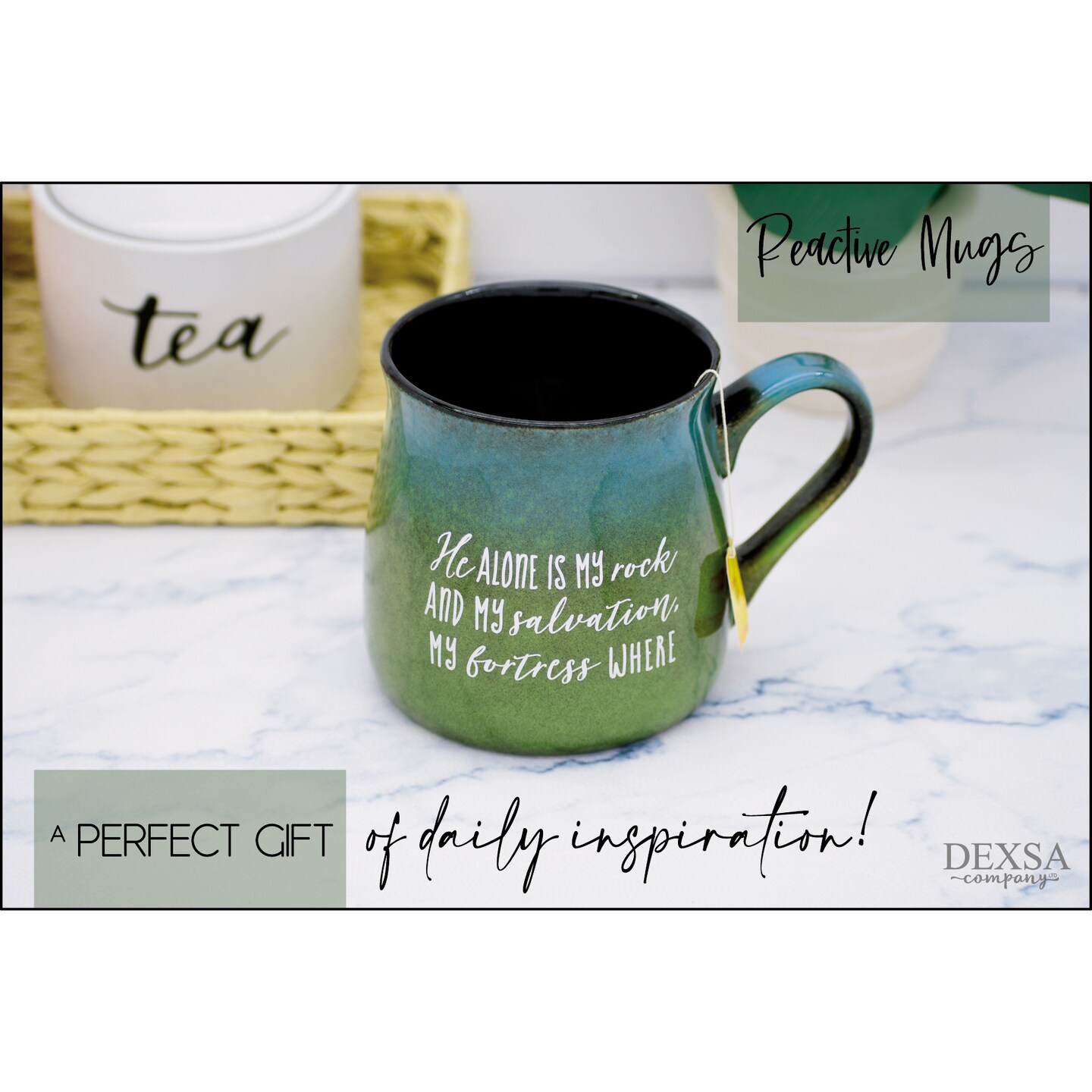 Dexsa Coffee Tea Soup Ceramic Mug | He alone is my rock and my salvation, my fortress where I will not be shaken Psalm 62:6 | 16 ounce Designer Mug with Inspiring Sentiment | Elegant Pottery Look