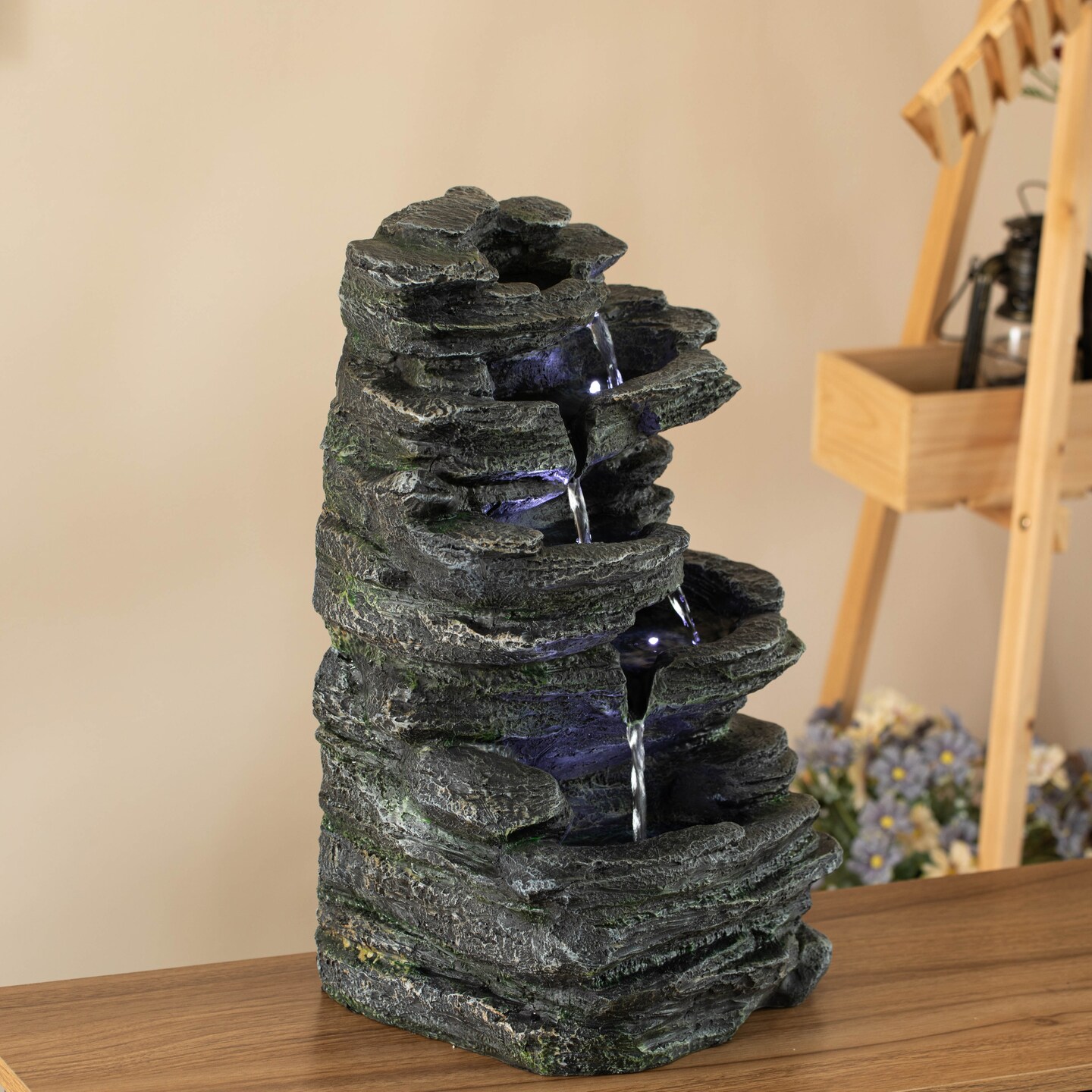 Cascading Electric Powered 5-Tier Rock Water Fountain 18&#x22; with LED Lights for Indoor and Outdoor Use