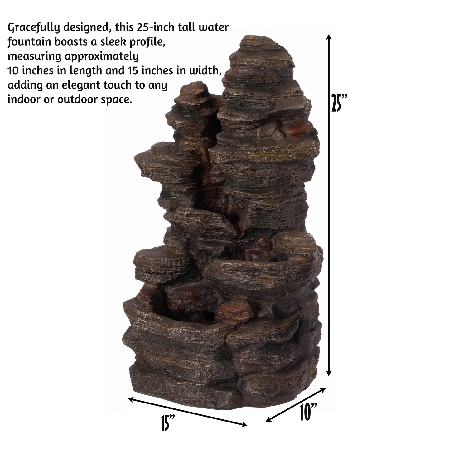 Cascading Electric Powered 4-Tier Rock Water Fountain 24&#x22; with LED Lights for Indoor and Outdoor Use
