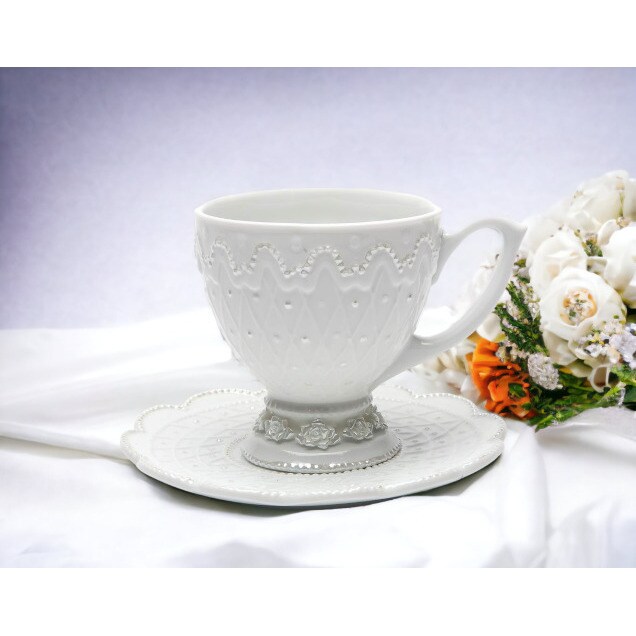 kevinsgiftshoppe Ceramic White Rose Cup and Saucer Wedding Decor or Gift Anniversary Decor or Gift Home Decor