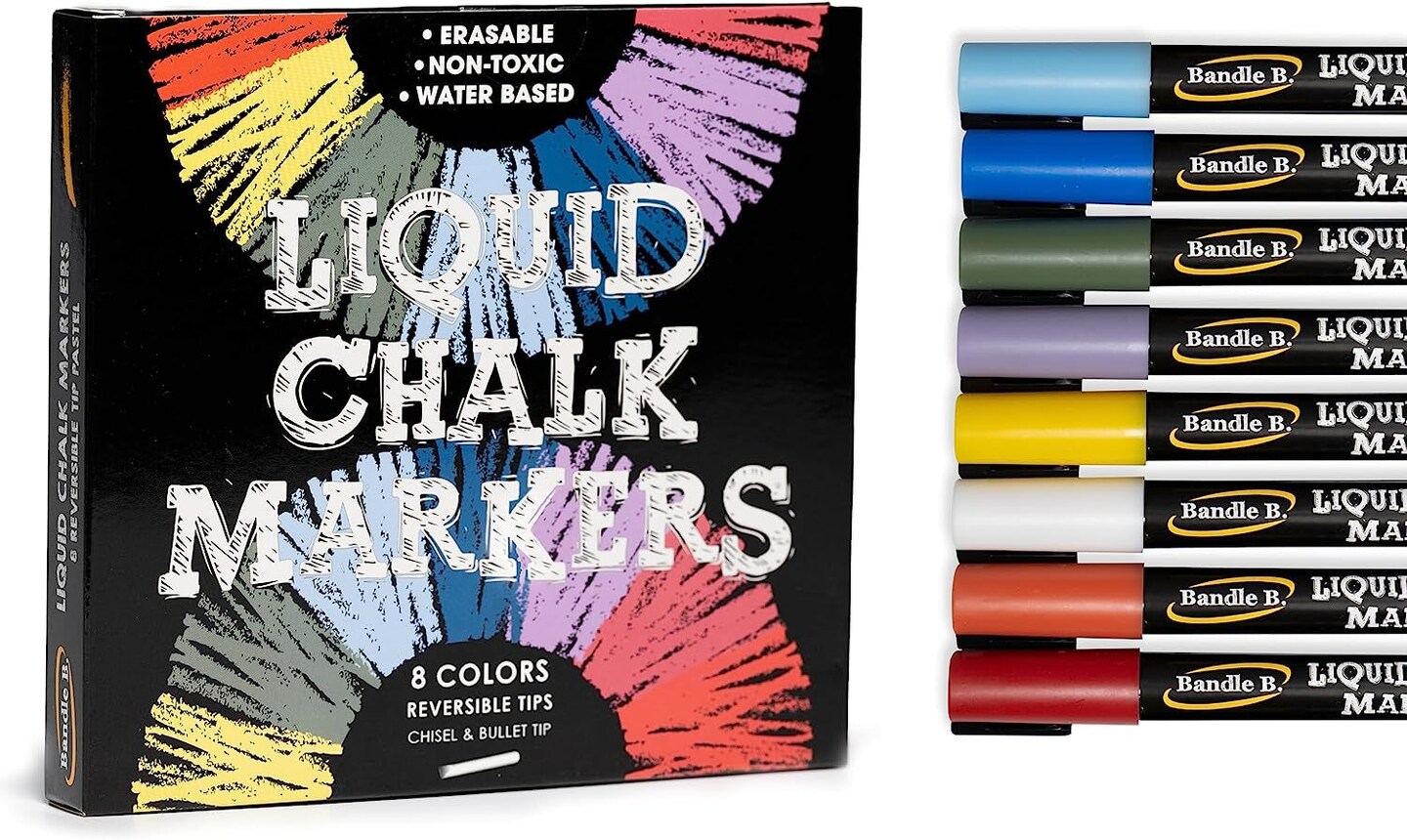 Bandle B. Chalk Markers - 8 Vibrant Fine Tip, Erasable, Non-Toxic, Water-Based, for Kids & Adults for Glass or Chalkboard Markers for B