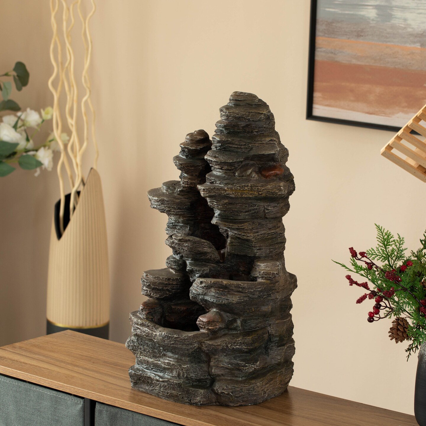 Cascading Electric Powered 4-Tier Rock Water Fountain 24&#x22; with LED Lights for Indoor and Outdoor Use