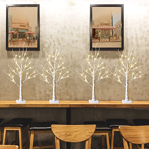Christmas Tree, Christmas Table Decorations, 2FT Birch Tree with LED Lights, Warm White Tree Lamp, Fairy Light Spirit Tree for Xmas Room Inside Mantel Decor, Battery Powered, 6H/18H Timer (4PK)