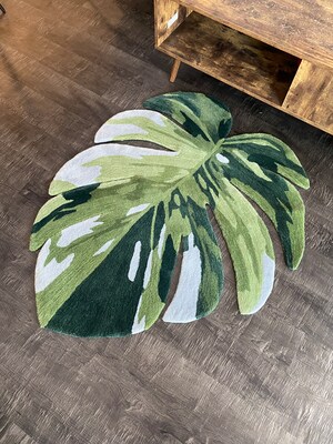 Green Leaf Area Rug for Nursery, Monstera Leaf Rug, Handmade Leaf Area ...