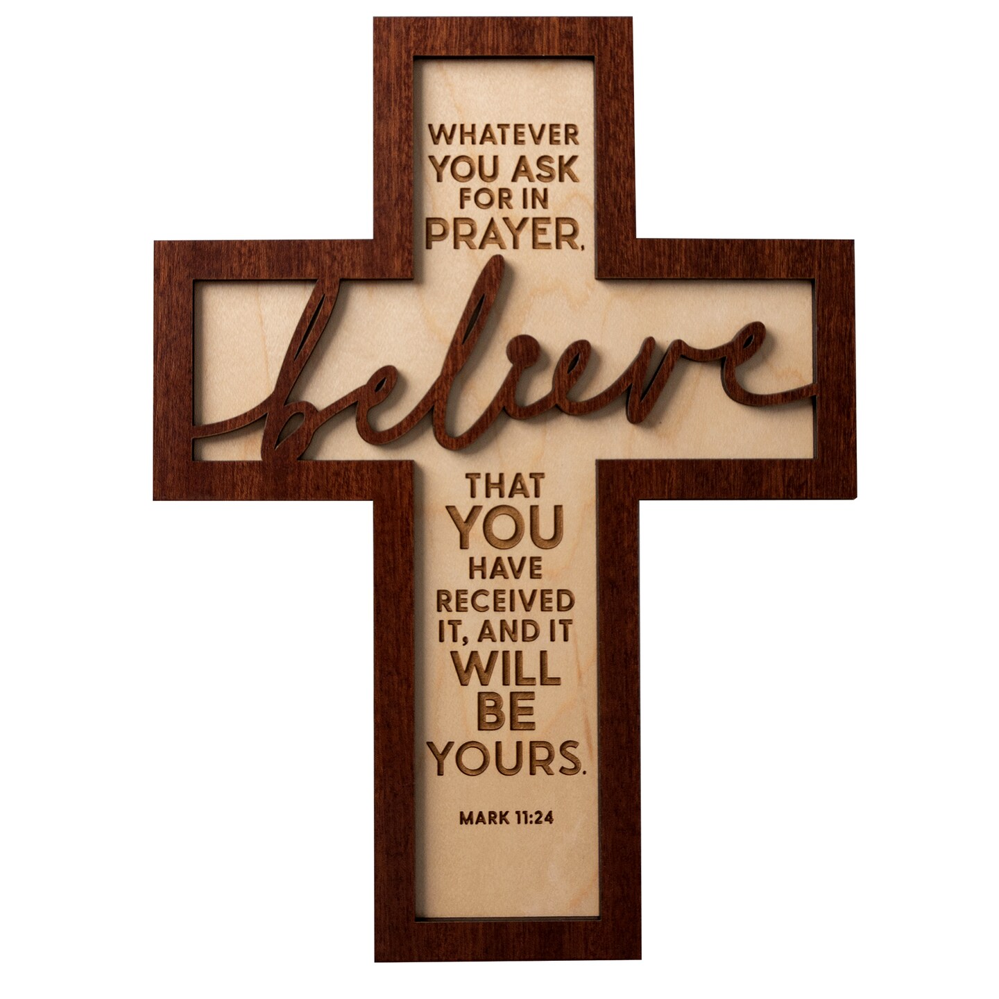 Dexsa Whatever You Ask Inspirational Laser-Cut Wood Cross Plaque 7.5 inches x 10 inches