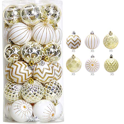 30PCS Christmas Balls Ornaments,60MM Gold&#x26;White Painted Shatterproof Festive Wedding Hanging Ornaments Christmas Tree Decoration