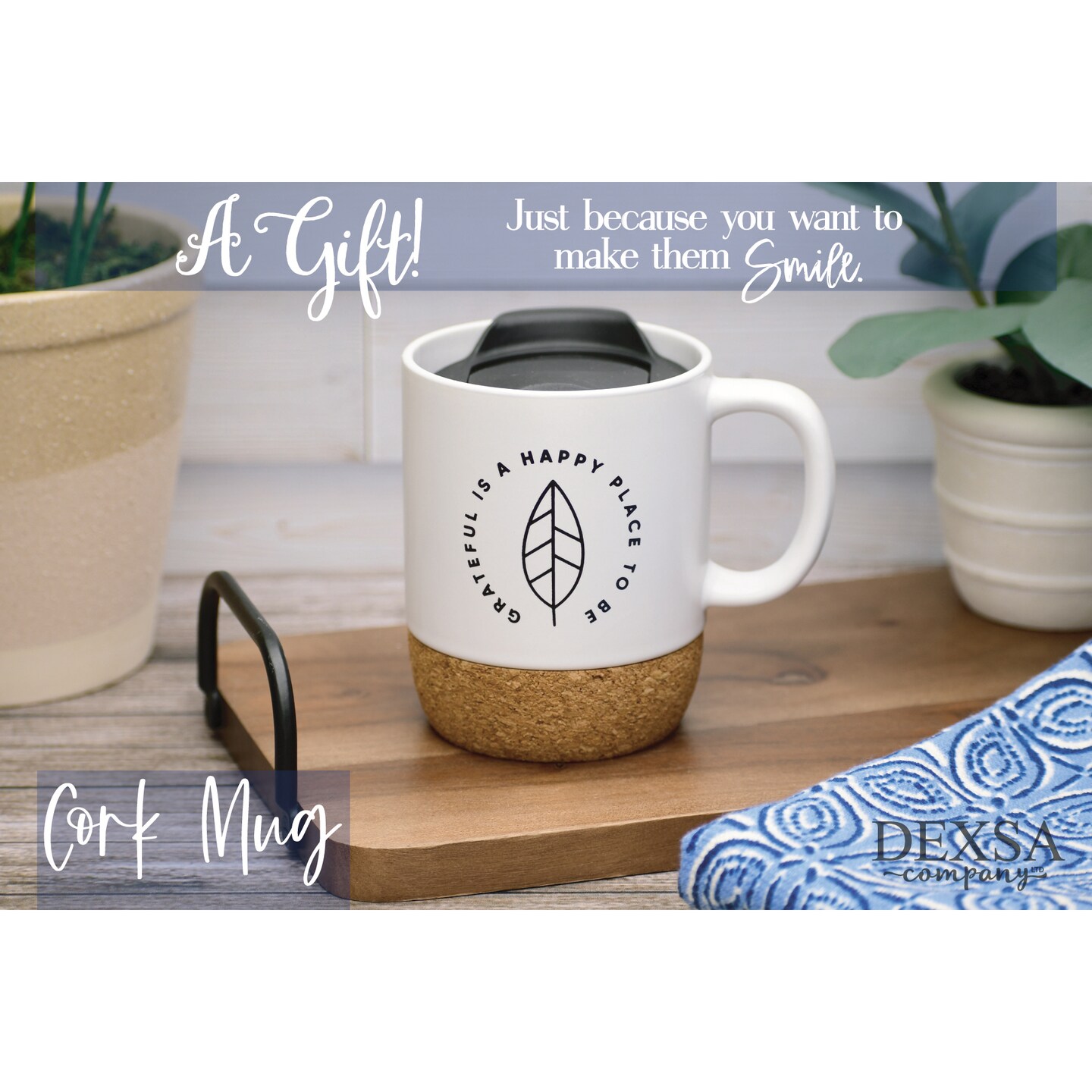 Dexsa Grateful Is A Happy Place Designer Cork Bottom Mug with Lid - 14 oz
