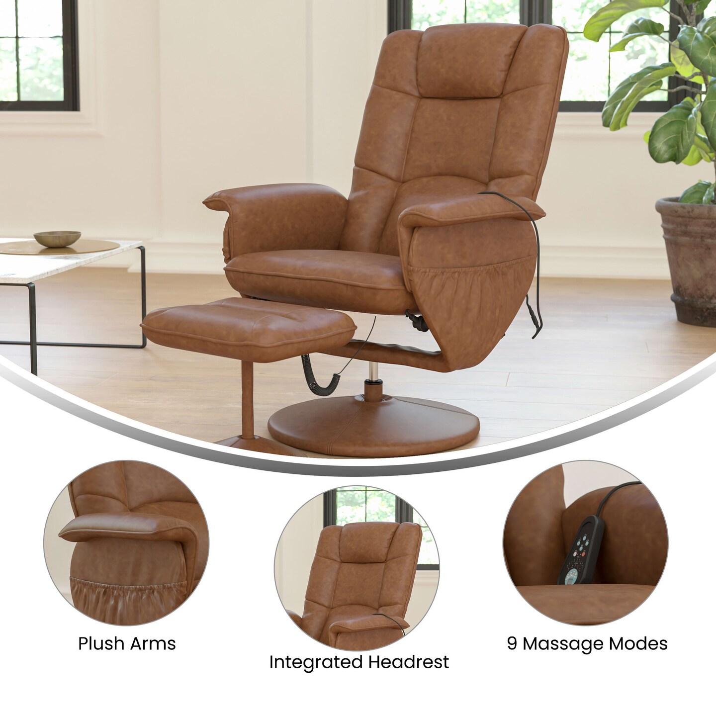 Emma and Oliver Massaging Multi-Position Recliner with Deep Side Pockets and Ottoman with Wrapped Base
