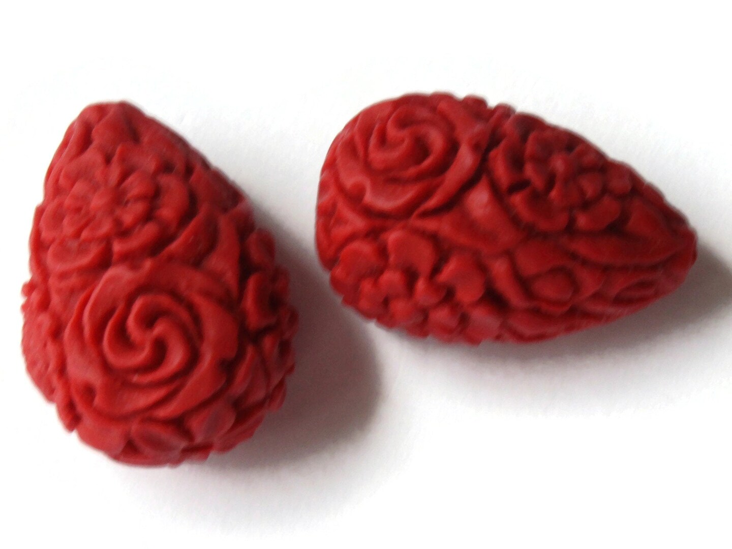 2 Floral Cinnabar Teardrop Lacquer Beads Loose Red Flower Patterned Beads