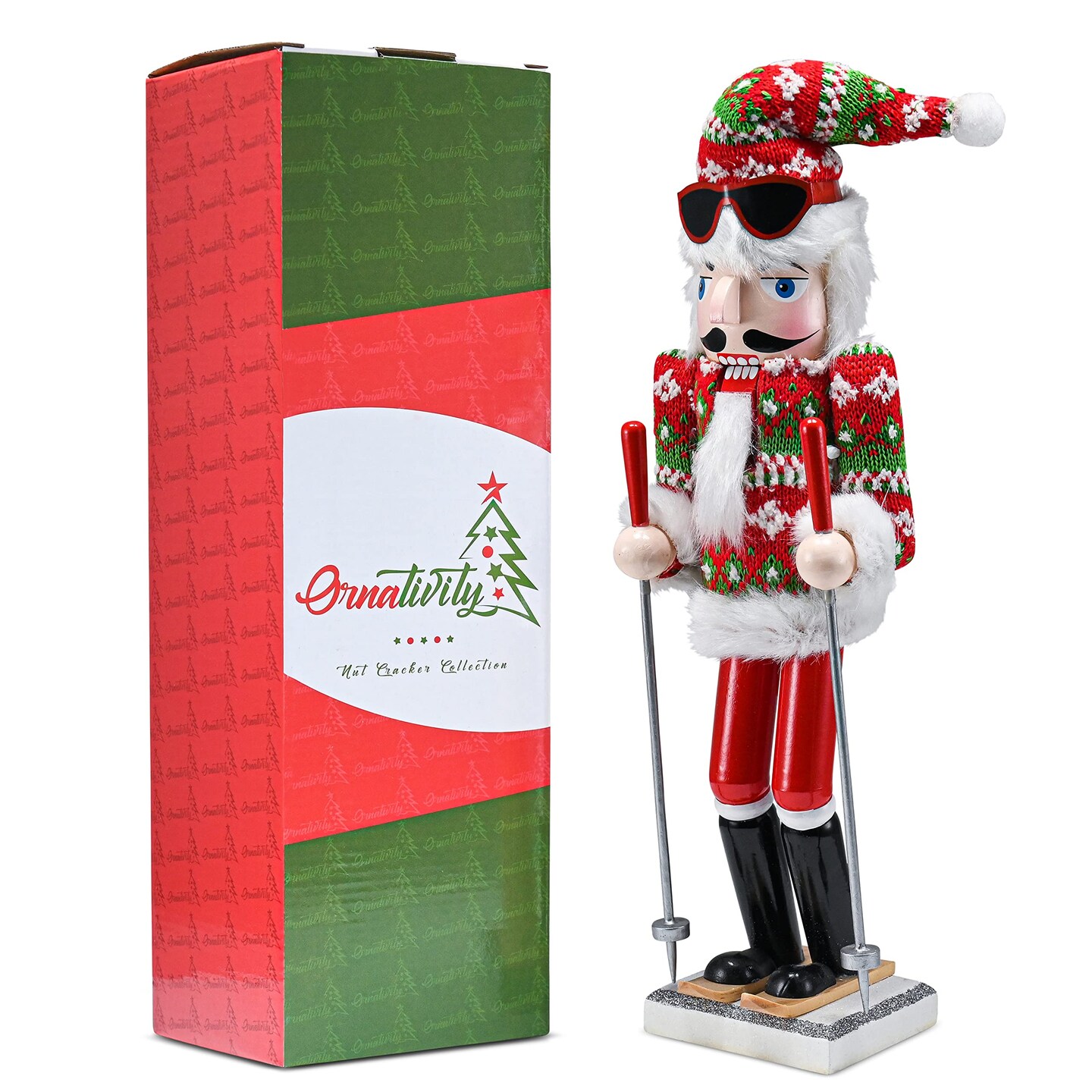 Ornativity Christmas Skier Man Nutcracker &#x2013; Red and Green Wooden Nutcracker Guy with Ugly Sweater and Ski Sticks in Skiing Pose Xmas Themed Holiday Nut Cracker Doll Figure Decorations