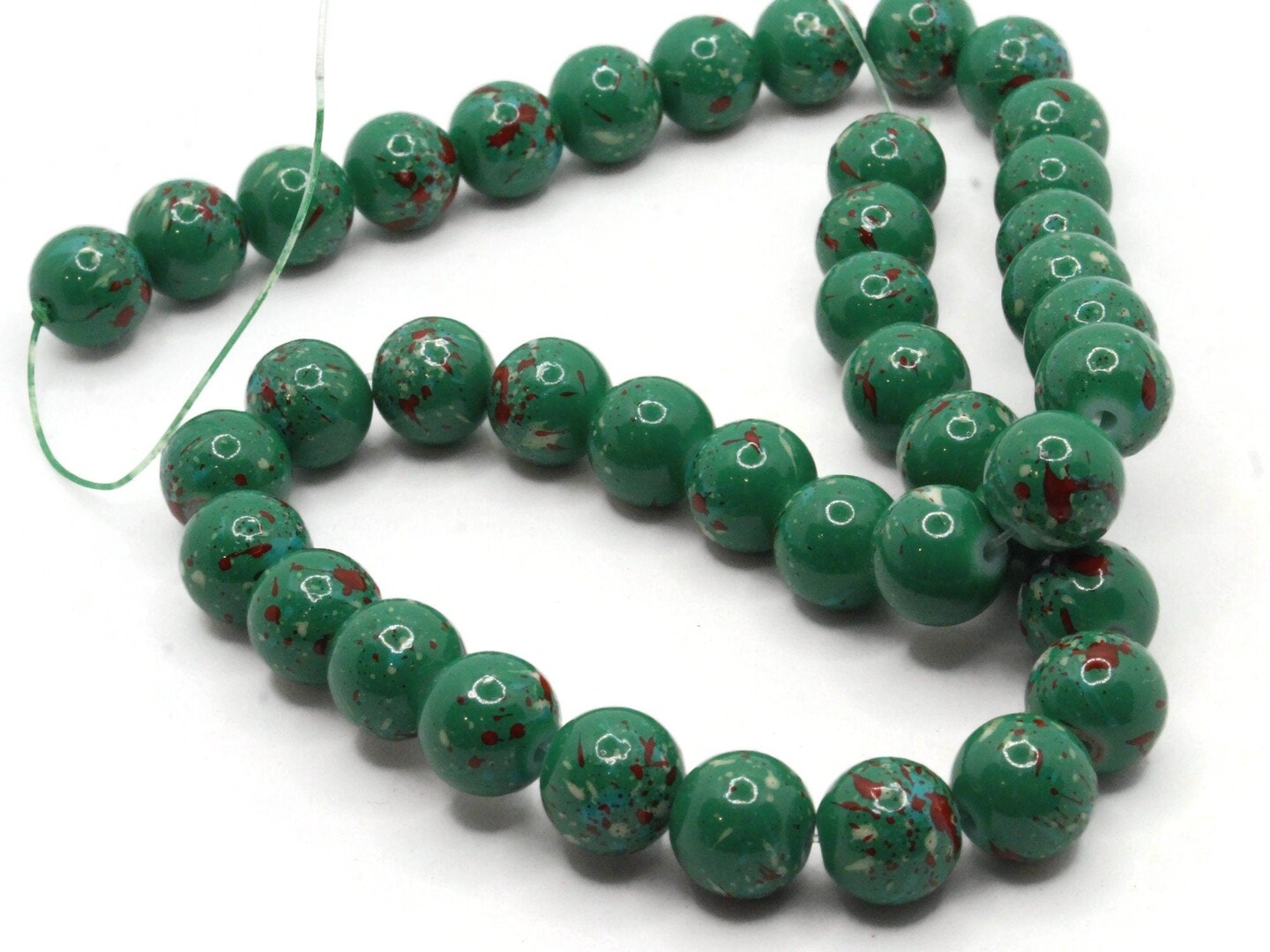 40 10mm Green and Red Splatter Paint Smooth Round Glass Beads