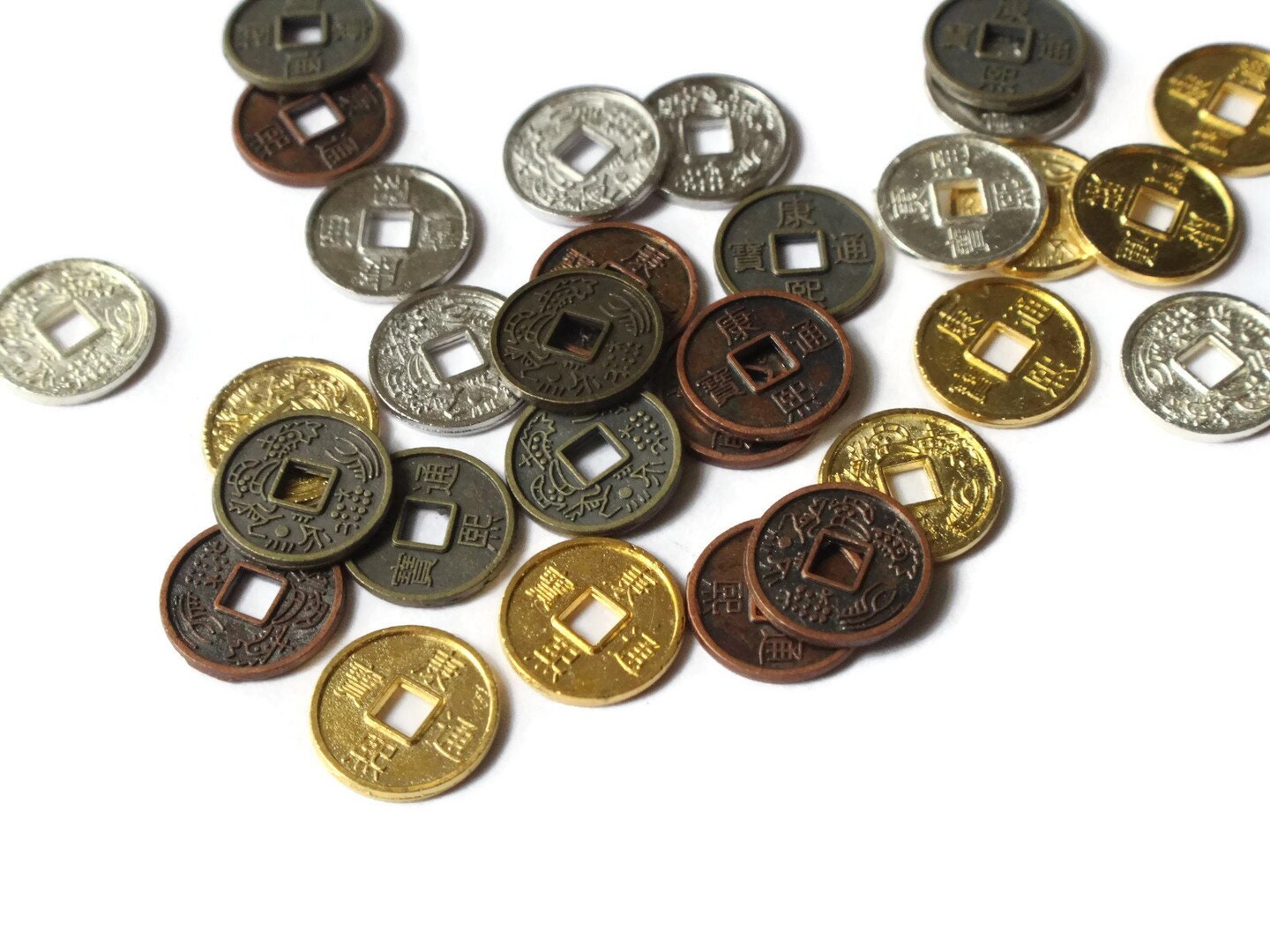 30 10mm Mixed Chinese Coin Beads Flat Round Miniature Replica Money with KangXi