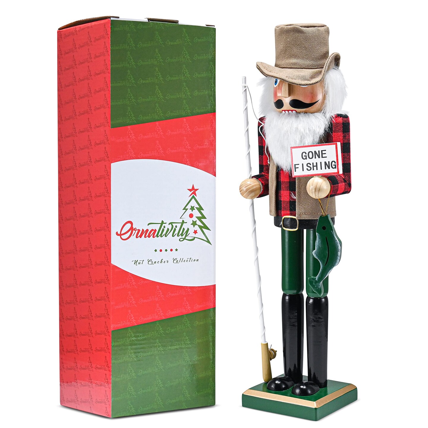 Ornativity Christmas Fisher Man Nutcracker – Red and Green Wooden Fisherman Nutcracker Man with Fishing Rod and Fish in Hand Xmas Themed Holiday Nut Cracker Doll Figure Decorations