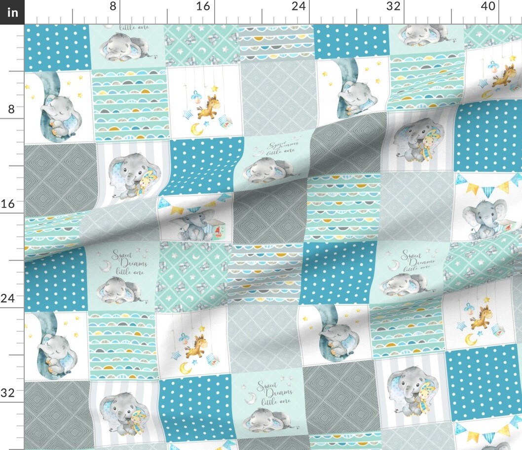Petal Signature Cotton by the Yard or Fat Quarter Baby Elephant Cheater Quilt Patchwork Wholecloth Blue Aqua Gray Custom Printed Fabric by Spoonflower
