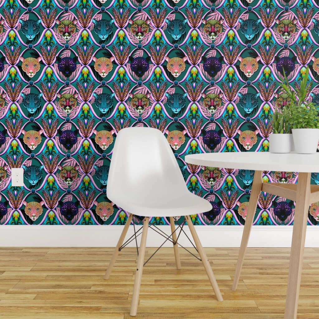 Peel & Stick Wallpaper 2FT Wide Vaporwave Jungle Retro Animal Print Teal Pink Modern Ogee Jaguar Leopard Custom Removable Wallpaper by Spoonflower