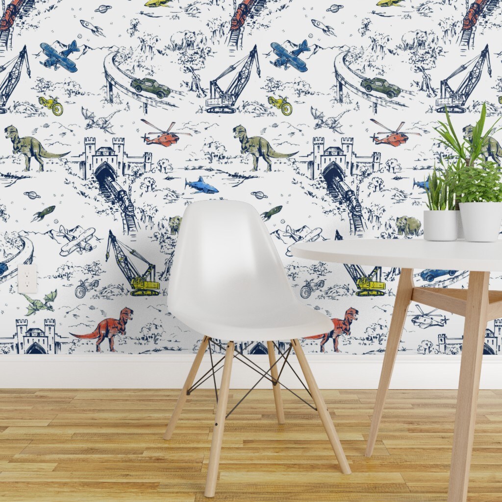 Peel & Stick Wallpaper 2FT Wide Whimsical Blue White Dinosaur Shark Helicopter Car Space Travel Custom Removable Wallpaper by Spoonflower