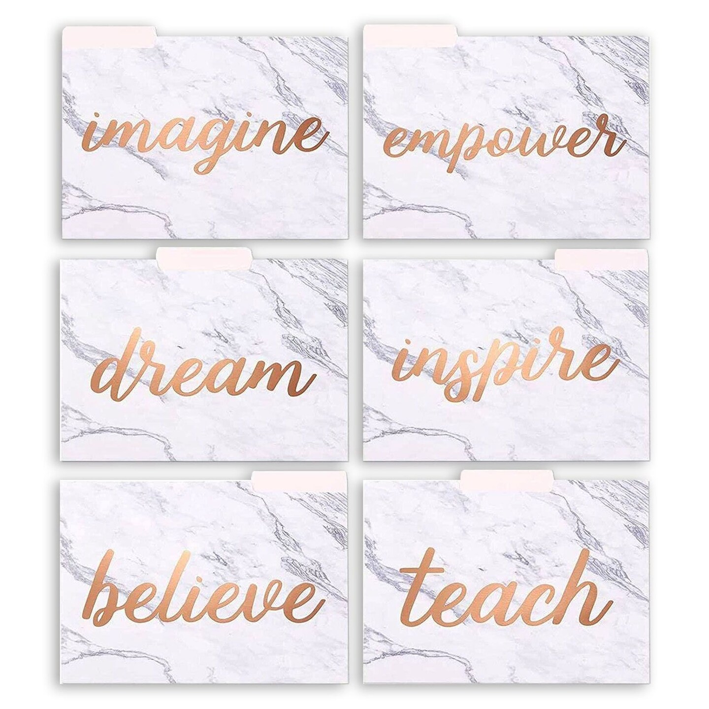 12 Pack Decorative File Folders Marble, Cute Rose Gold with 1/3 Cut Tabs for Women, 6 Inspirational Designs, Letter Size (9.5 x 11.5 In)