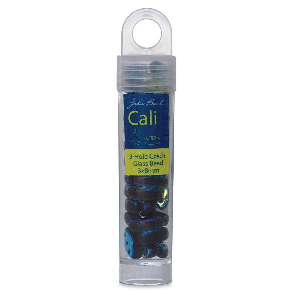 John Bead Czech Glass Cali Three-Hole Beads - Black/Aurora Borealis, Pkg of 40