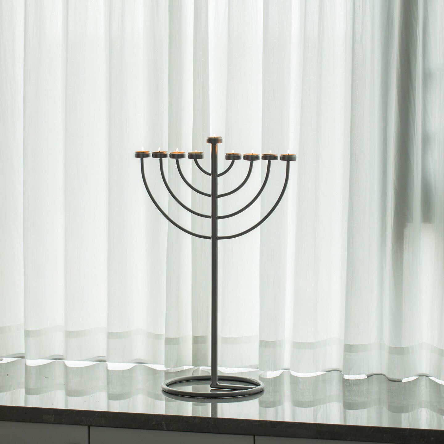 Modern Silver 9 Branch Lighting Thin Pipe Hanukkah Menorah, Metal-Aluminum