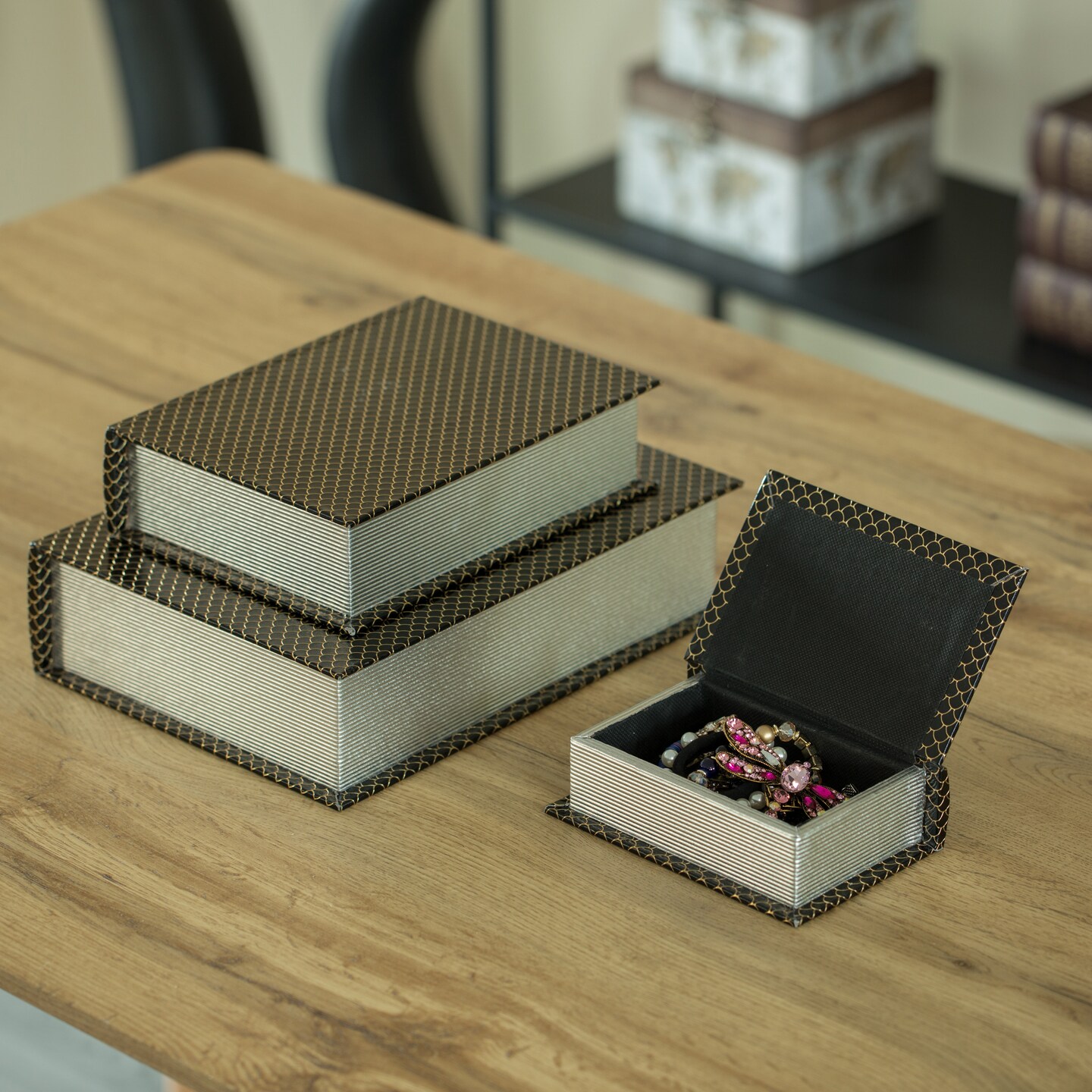 Set of 3 Velvet Vintage Storage Wooden Antique Classic Decorative Book Box Holder