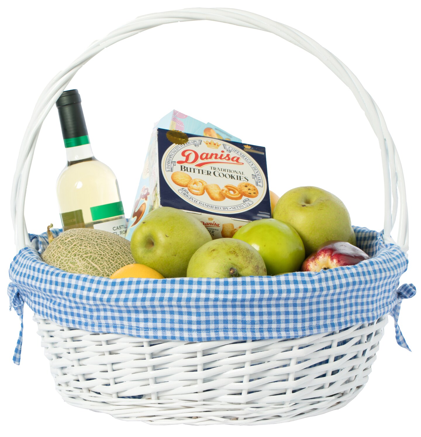 White Round Willow Gift Basket, with Gingham Liner and Handle