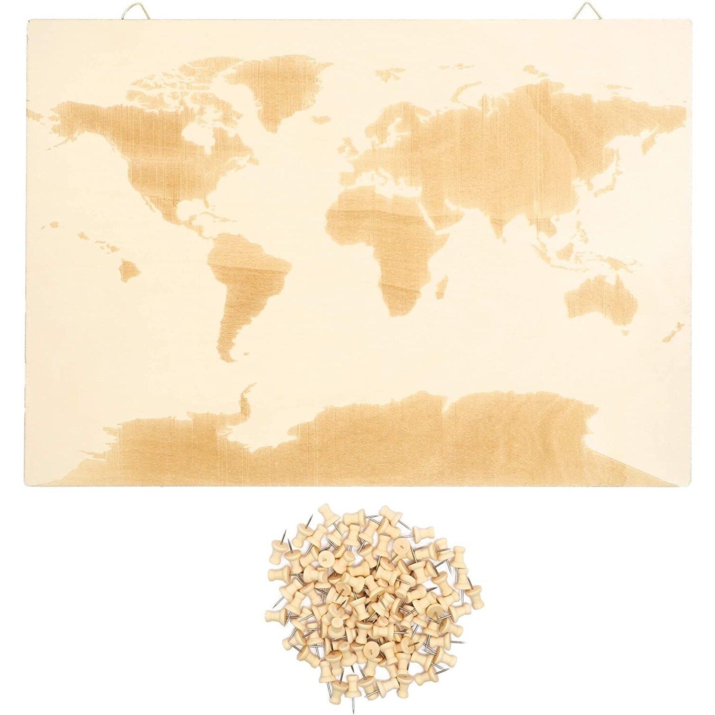 World Wood Travel Map and Push Pins (16.5 x 11.5 in, Natural Color)