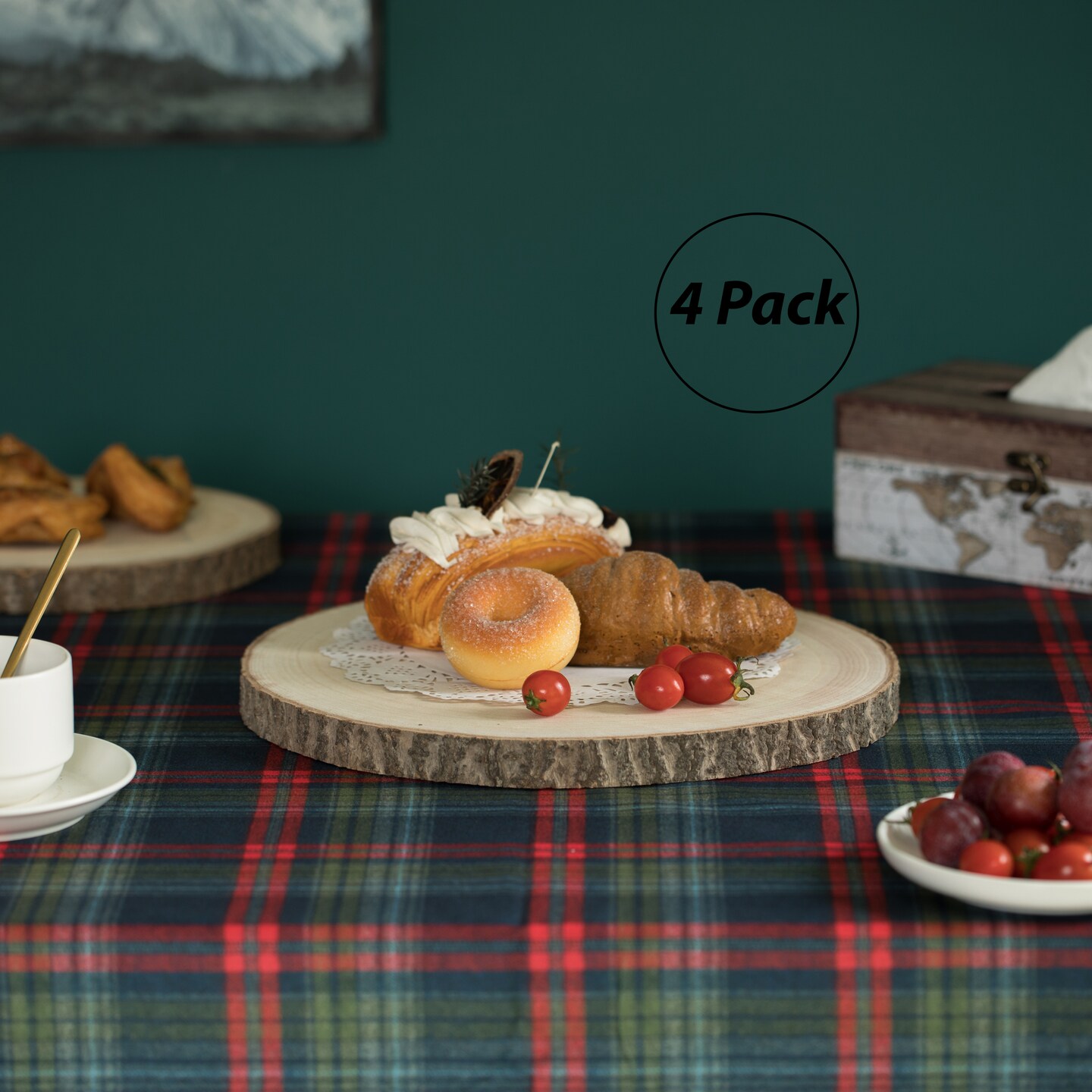 Home Decor Natural Wooden Bark Slice Tray Large Rustic Table Charger Centerpiece, Set of 4