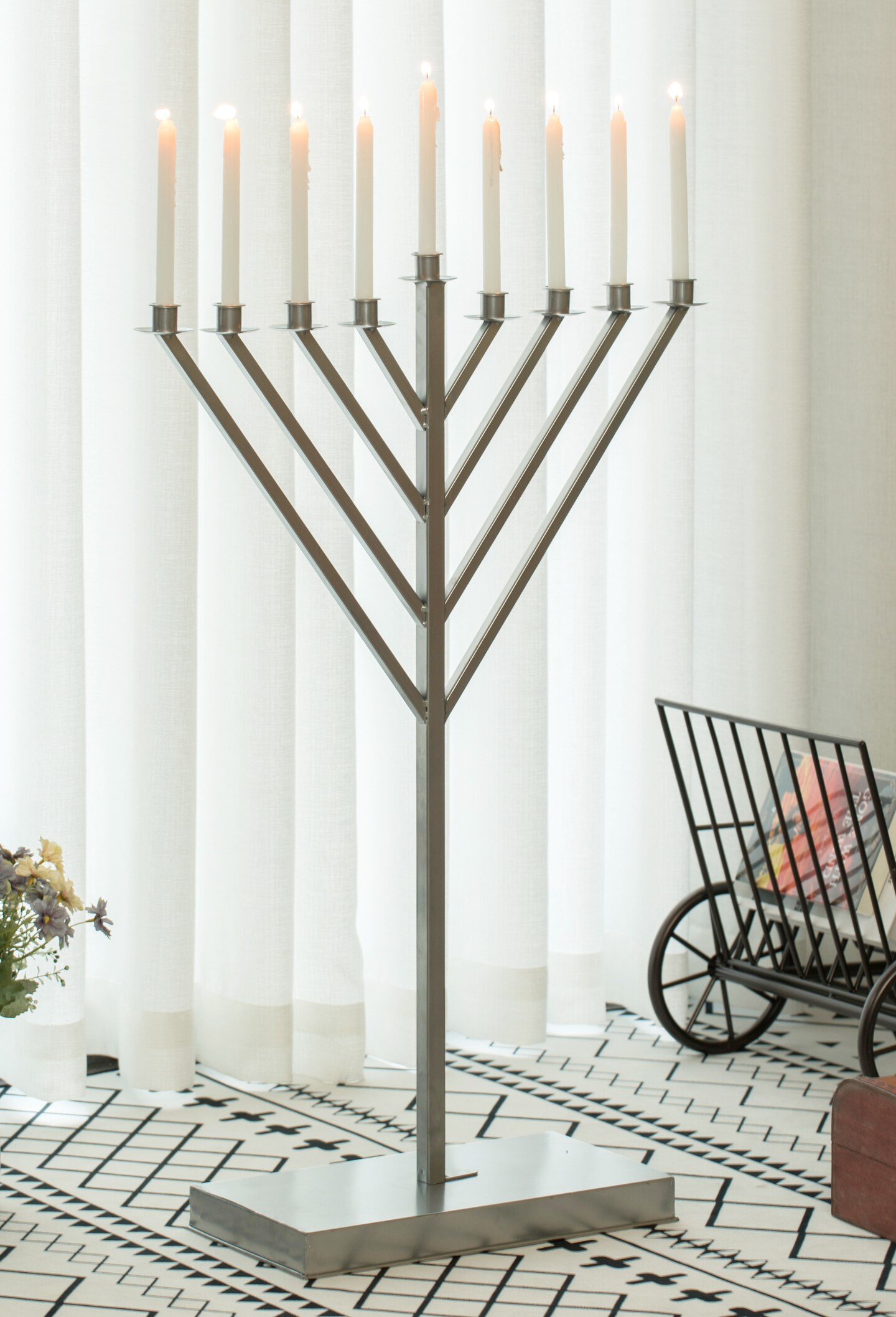 Large Metal Silver Coated Hanukkah Menorah For Synagogue