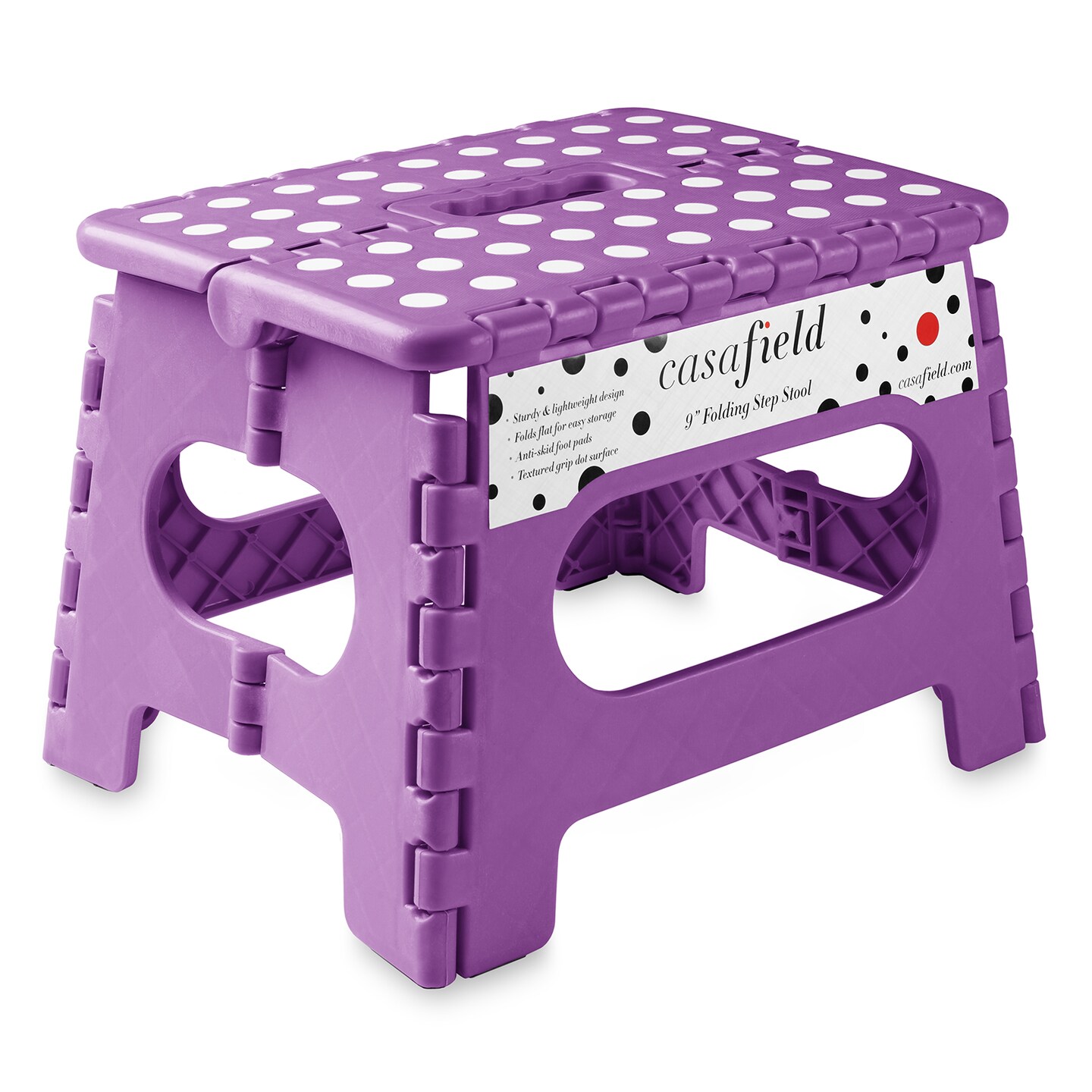 Casafield 9&#x22; Folding Step Stool with Handle, Purple - Portable Collapsible Small Plastic Foot Stool for Kids and Adults - Use in the Kitchen, Bathroom and Bedroom