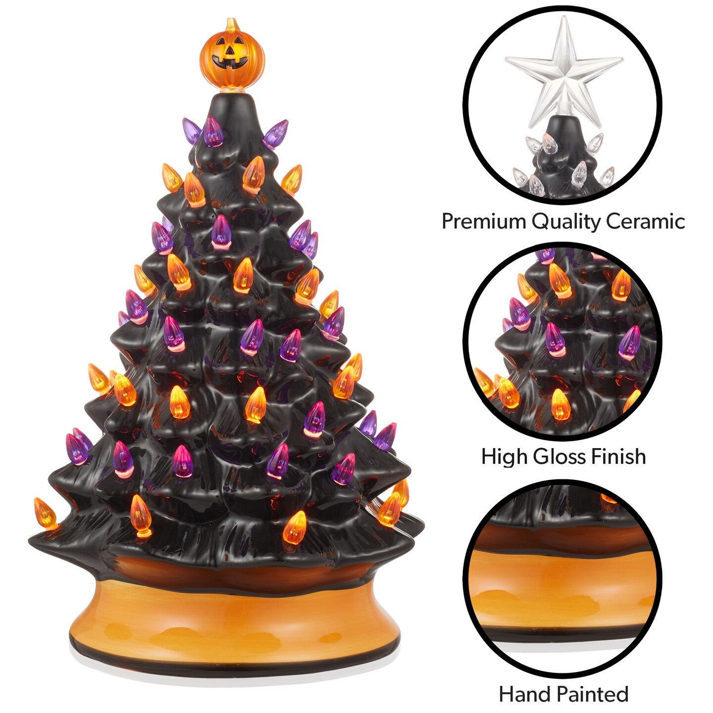 Casafield Hand-Painted Ceramic Halloween Tree, 15-Inch Pre-Lit Decoration with 128 Multi-Color Lights, Jack-O-Lantern and Star Toppers