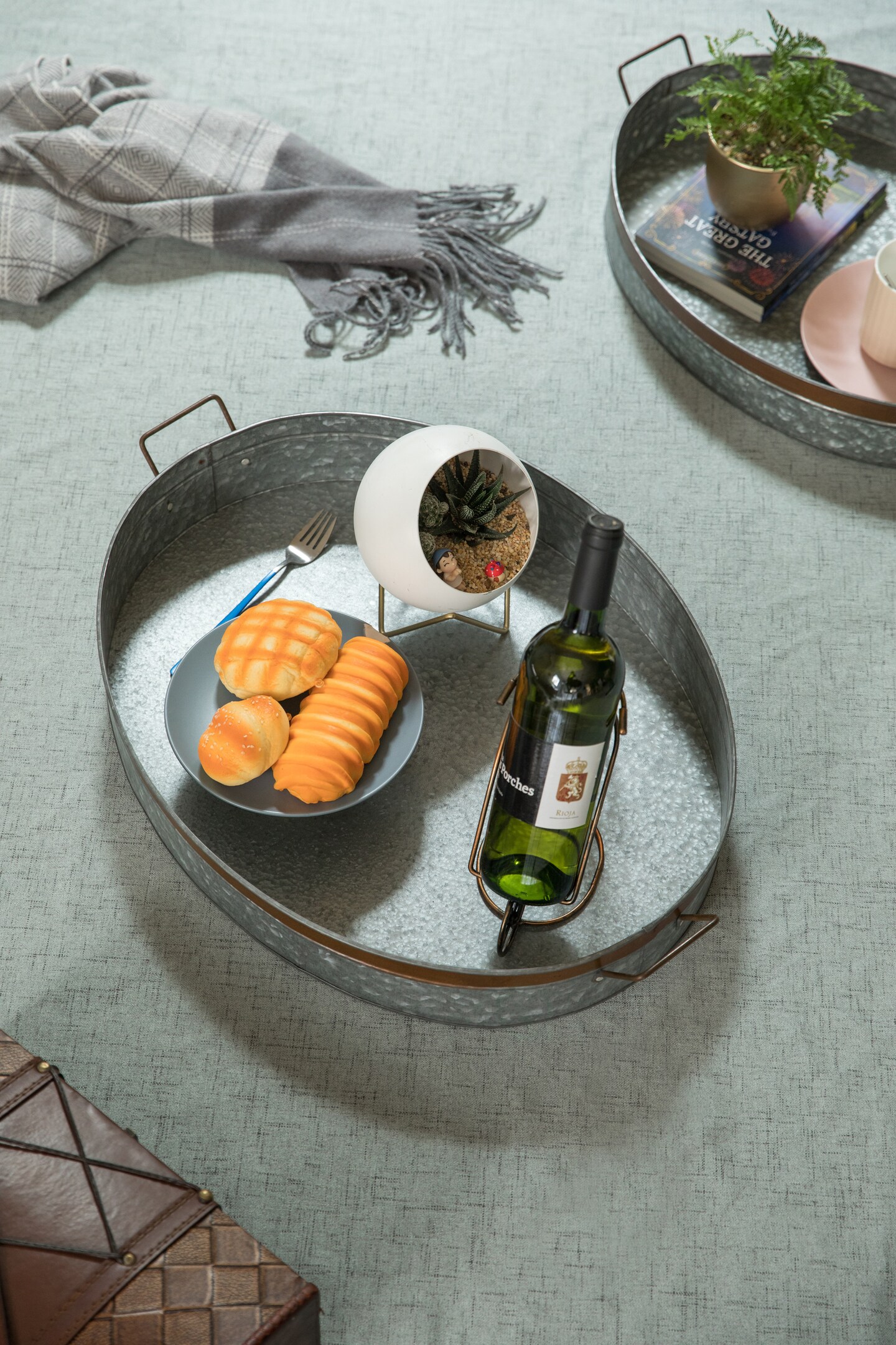 Galvanized Metal Oval Rustic Serving Tray With Handles