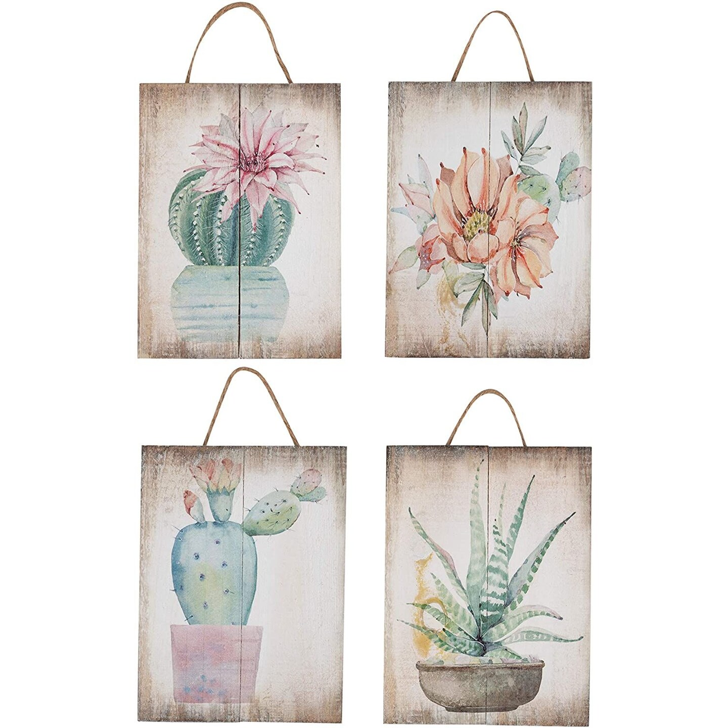 Juvale Wooden Wall Ornament - 4-Piece Small Hanging Decorations Cactus Succulents Design, Natural Decor Living Room, Hallway Dining Room, 8 x 5.9 x 0.9 inches