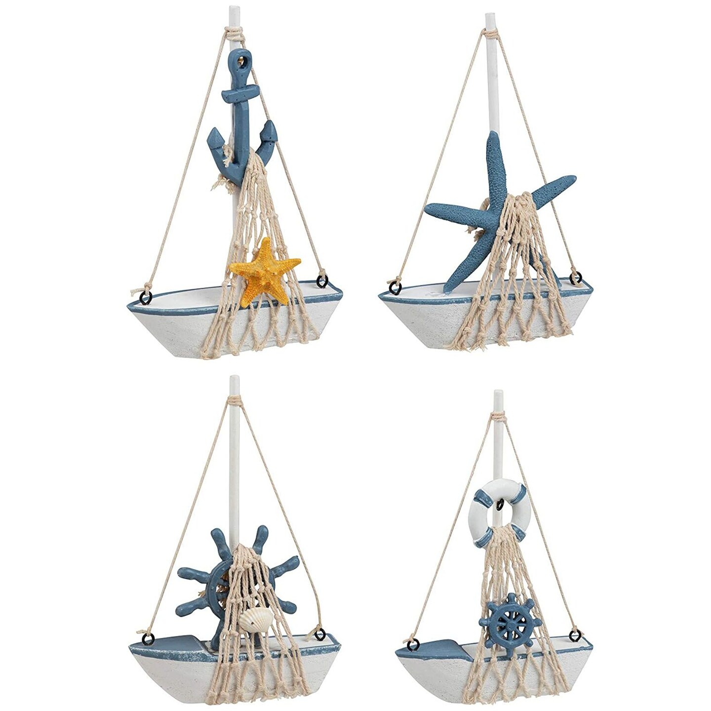 Set of 4 Mini Wooden Sailboat Models for Beach Nautical Home Decor, Miniature Boat Decorations