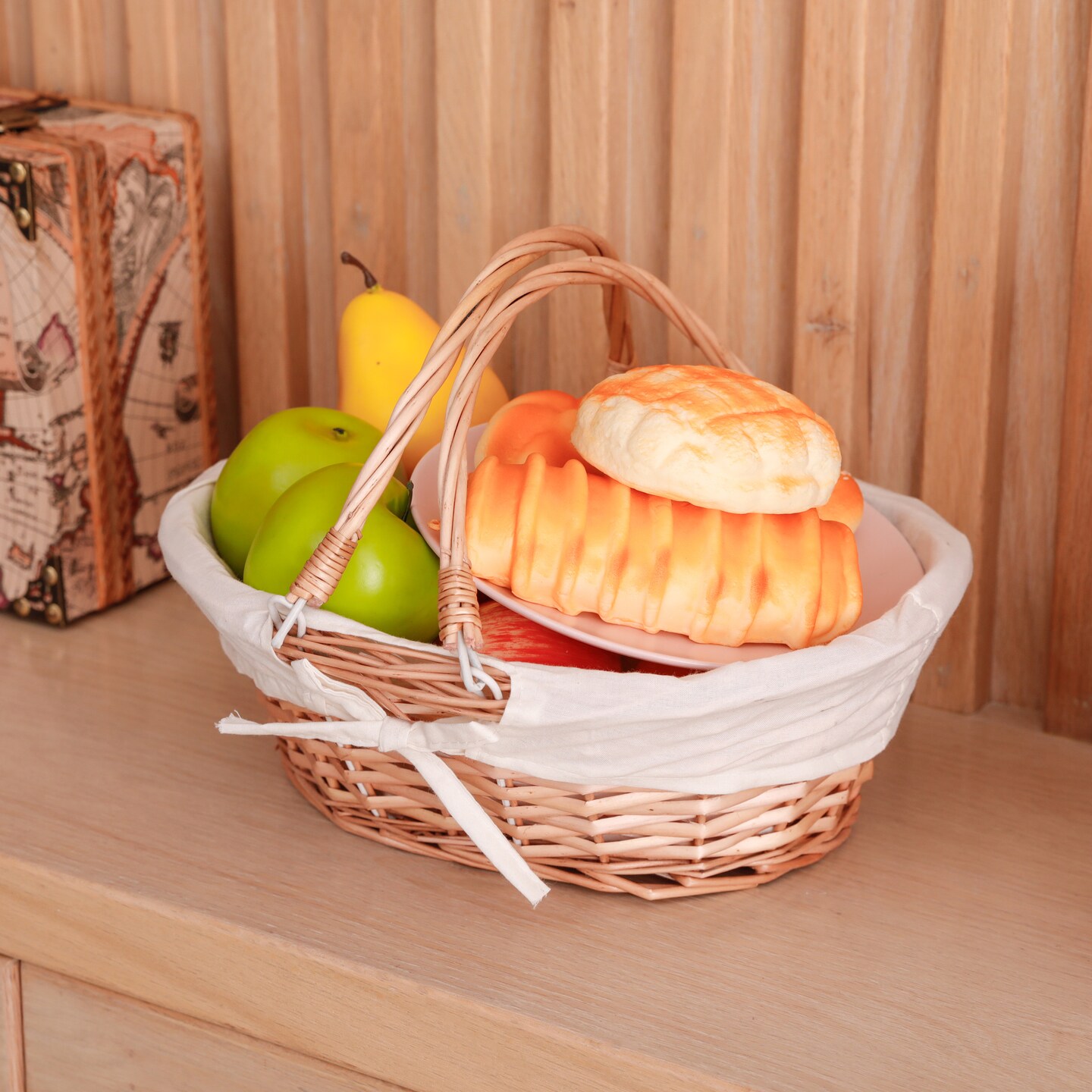 Wicker Willow Picnic Basket with Double Drop-Down Handles - Perfect as Gift basket for all Occasions like Halloween, Thanksgiving and Easter, with Liner