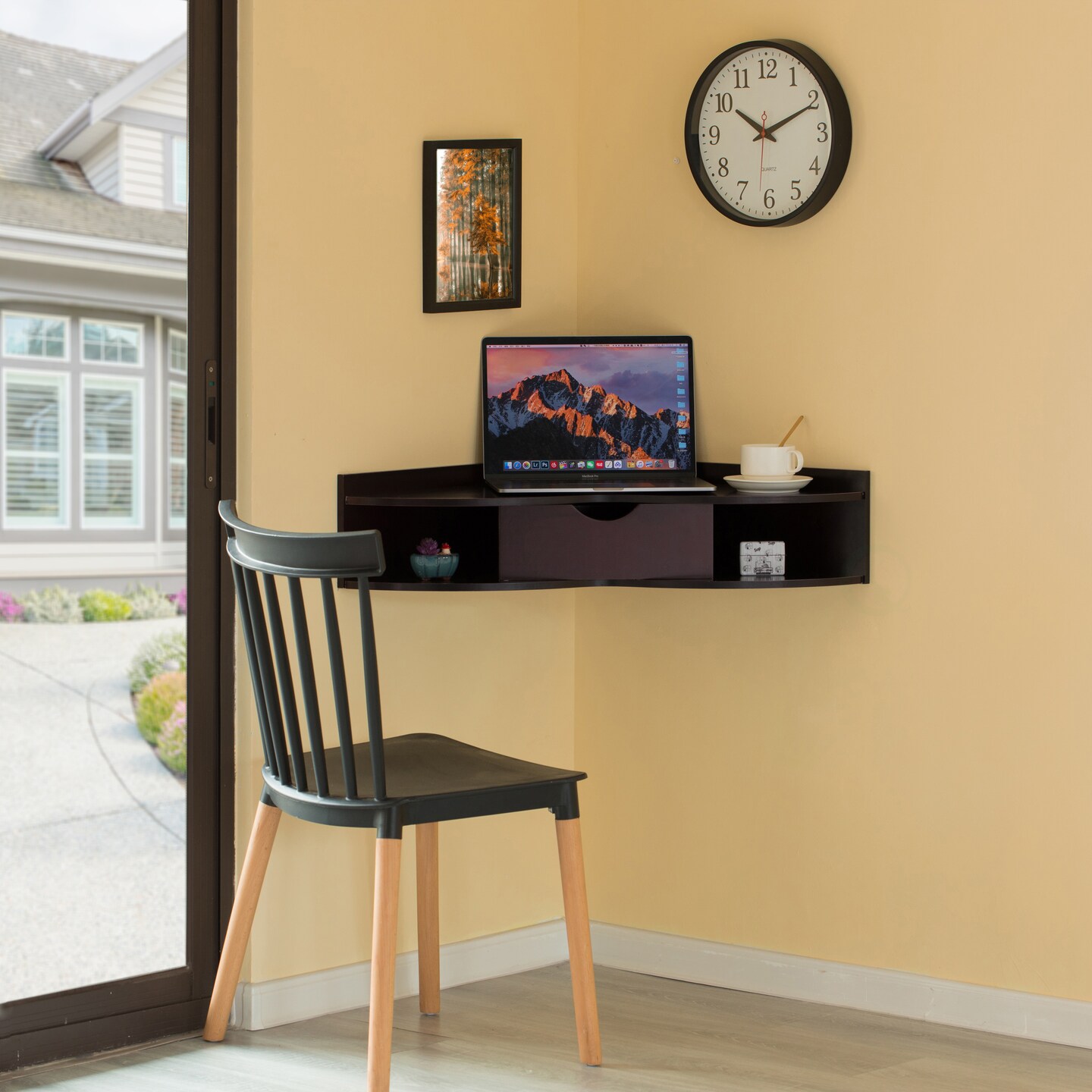 Corner Desk Heart Shaped Wall Mounted Office Table with Drawer and Two Shelves Computer Writing Desk