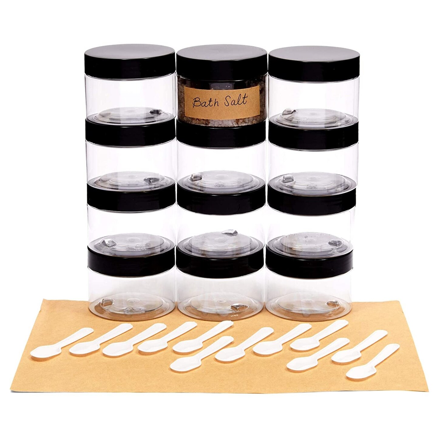 12-Pack Clear Plastic Jars with Black Lids, 12 Labels &#x26; Spatulas Included, 4 oz