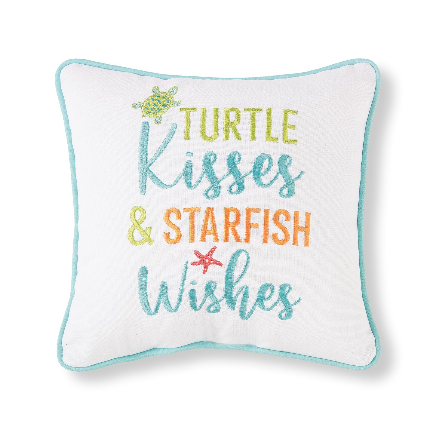 10&#x22; x 10&#x22; Turtle Kisses &#x26; Starfish Wishes Embroidered Small Petite Throw Pillow
