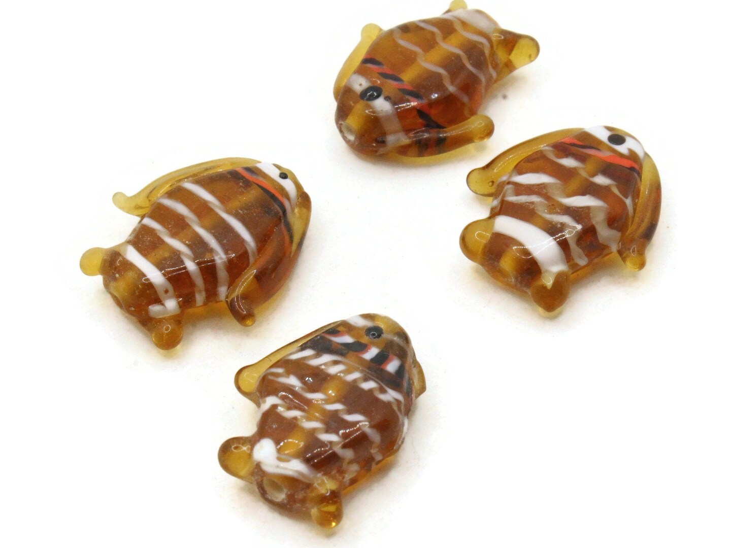 4 Brown Striped Lampwork Glass Fish Beads