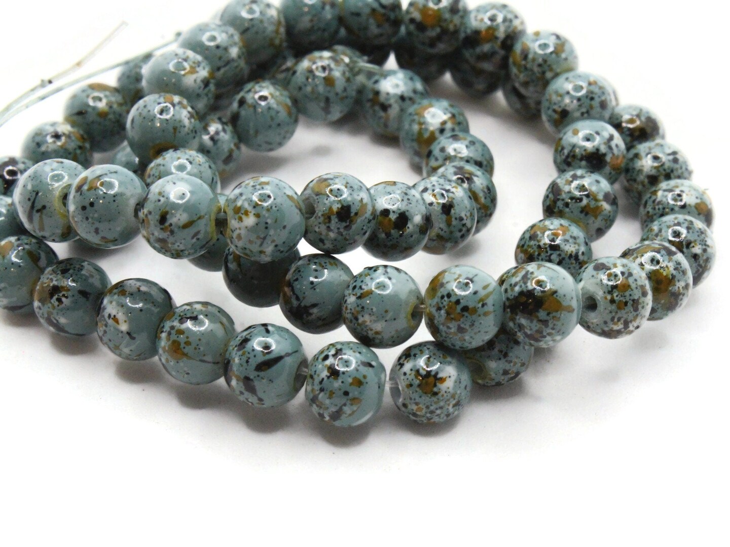 68 6mm Blue Gray  Splatter Paint Smooth Round Glass Beads