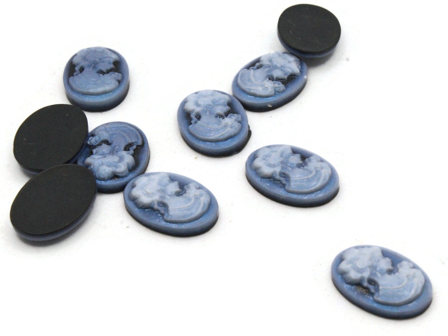 10 18x13mm Black with Blue Face Resin Victorian Style Cameo Cabochons