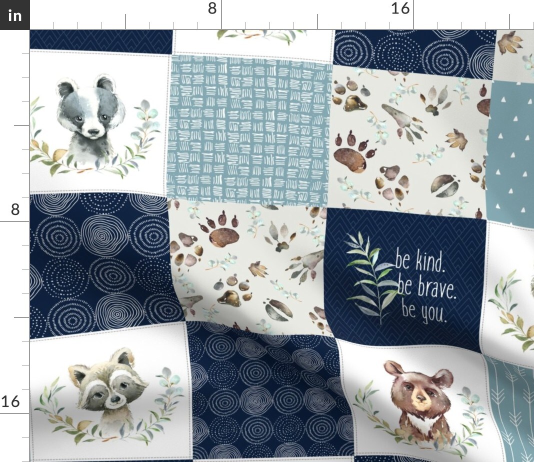 Woodland Forest Bear Wolf Quilt Topper Wholecloth Cheater Quilt Patchwork Blue White Custom Printed Fabric by Spoonflower Various Fabrics by the Yard or Fat Quarter
