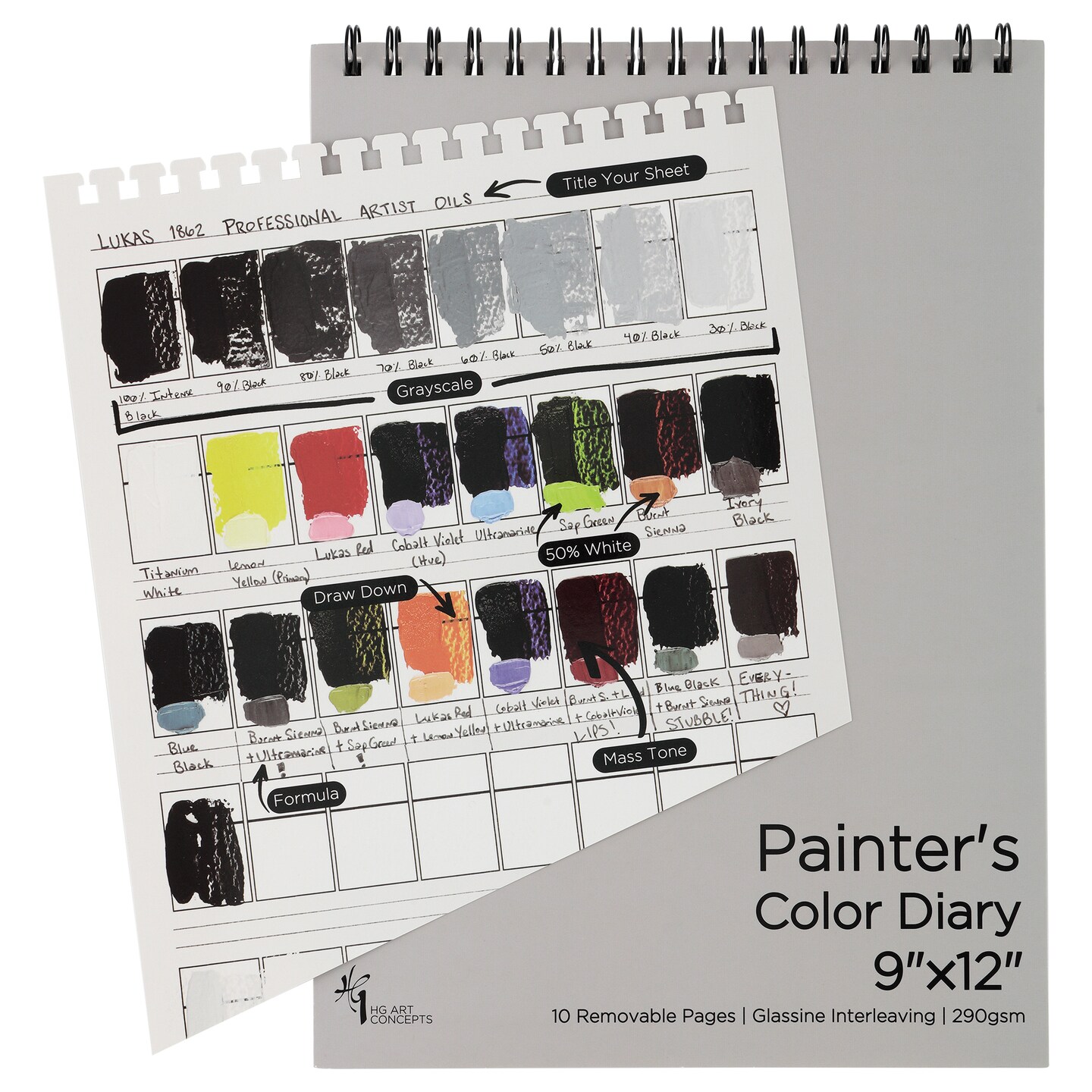 HG Art Concepts Painters Color Diary - Spiral-Bound Acid-Free Color Swatch Book with 10 Pages for Acrylic or Oil Paint