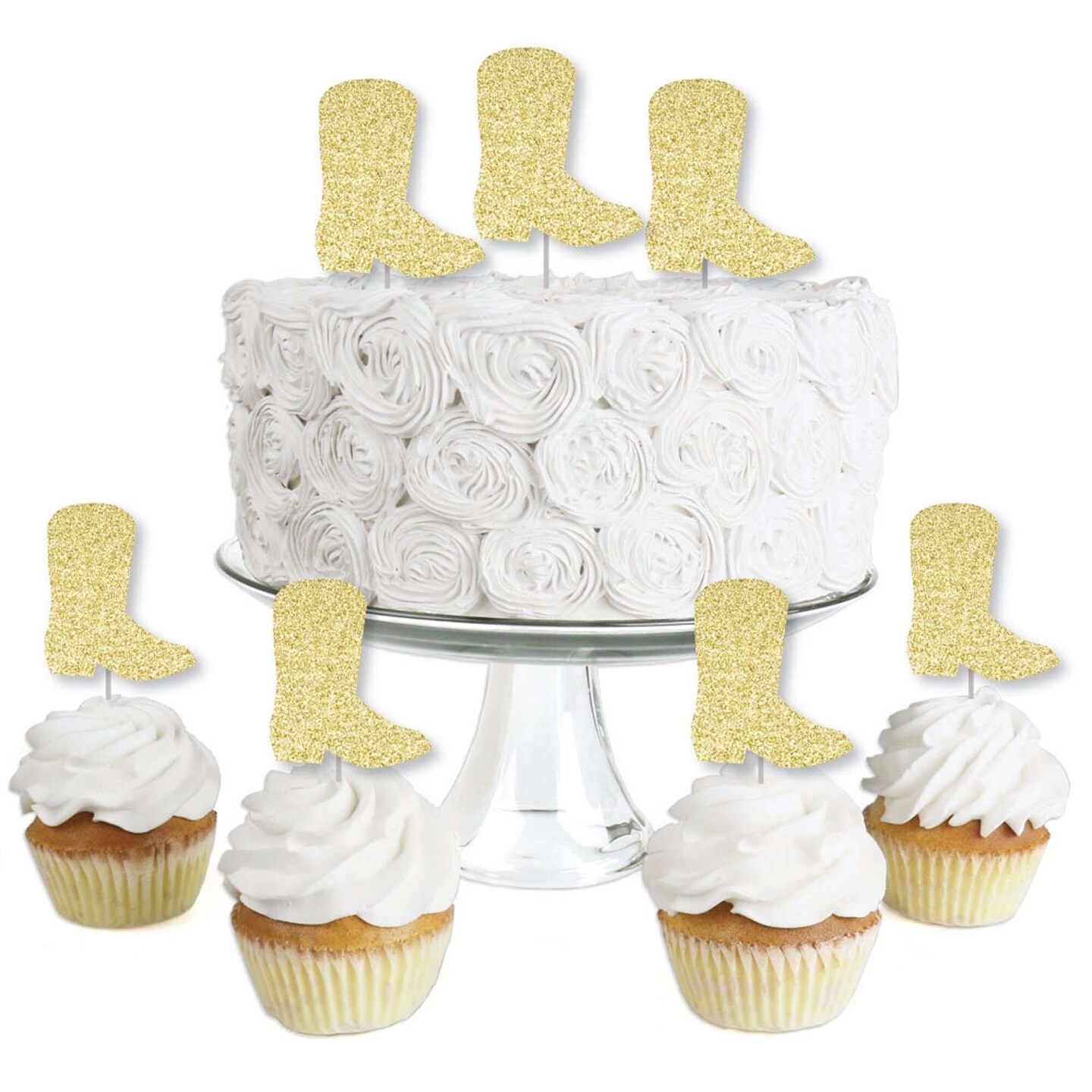 Big Dot of Happiness Gold Glitter Cowboy Boot - No-Mess Real Gold Glitter Dessert Cupcake Toppers - Western Party Clear Treat Picks - Set of 24